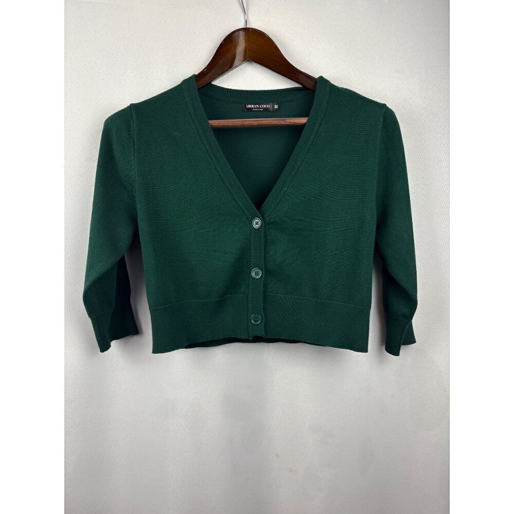 Women’s Urban CoCo Medium Dark Green Cropped Cardigan with Three Quarter Length